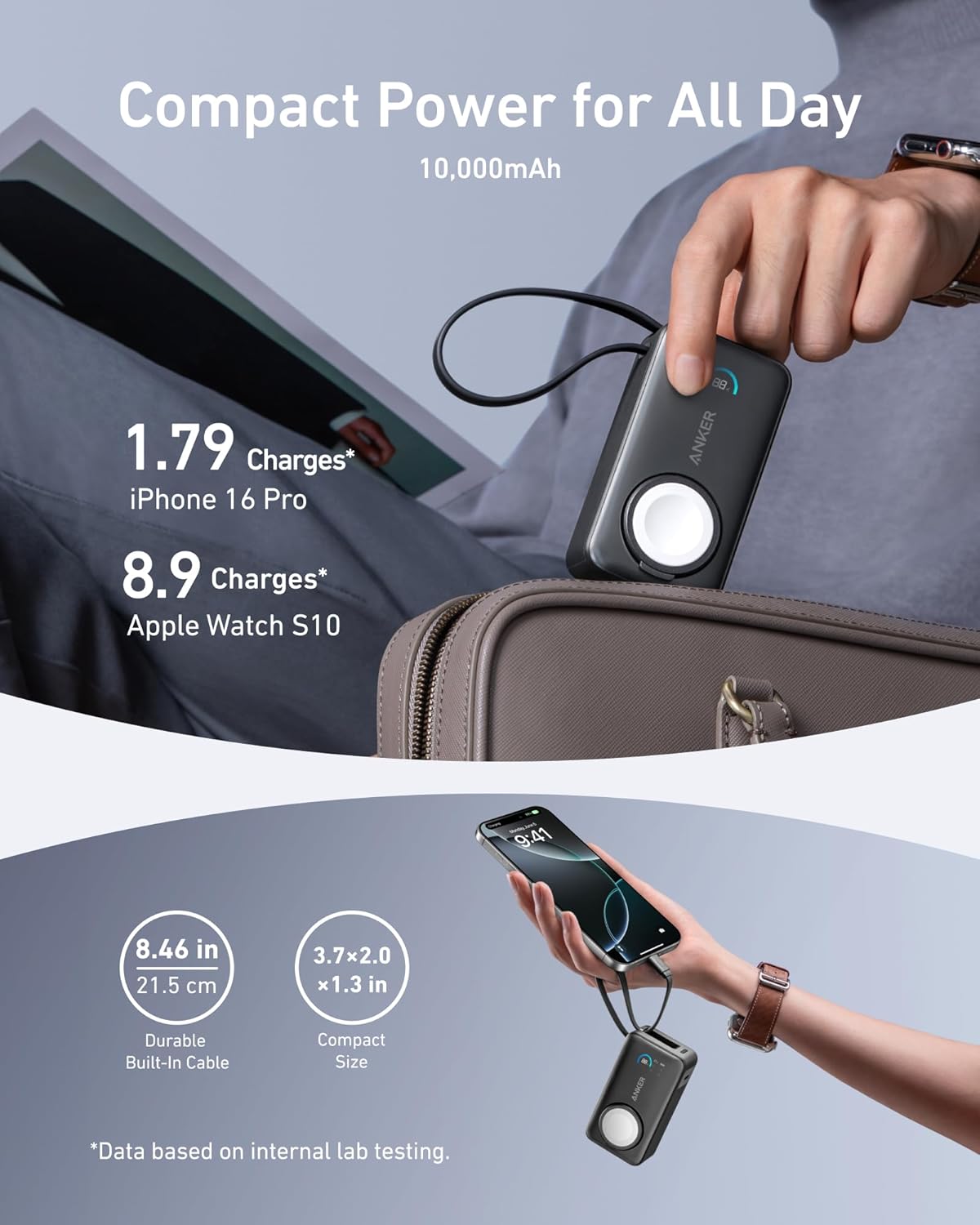 Externá batéria Anker MagGo, 10000 mAh, 35 W, PD + QI, 1 x QI - 2 x USB-C, čierna A1657011