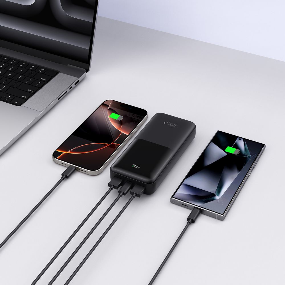 Externá batéria Tech-Protect PB02, 20000mAh, 22.5W, QC + PD, 1 x USB-C - 2 x USB-A, Čierna