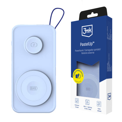 3MK PastelUp External Wireless Battery, 10000mAh, 22.5W, QC + PD + FQI, 1 x USB-A - 1 x USB-C - 2 x QI, Blue