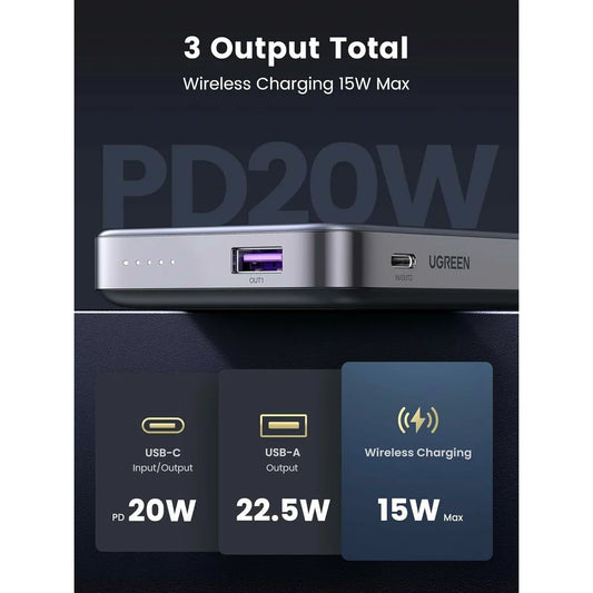 UGREEN PB206 Bezdrôtová externá batéria, 10000 mAh, 20 W, QC + PD + FQI, 1 x QI - 1 x USB-A - 1 x USB-C, sivá 